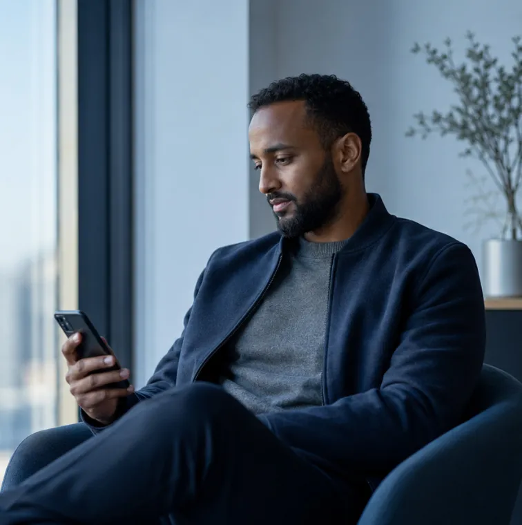 Executive sitting in office chair reflecting over mobile UI insight