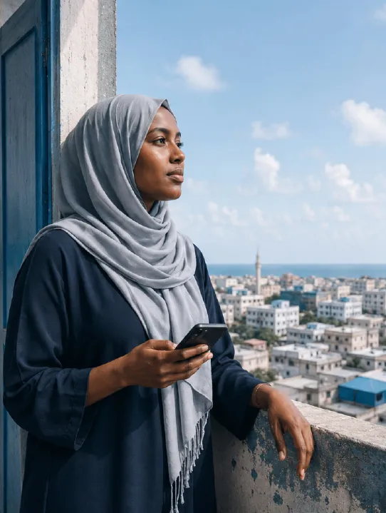 A woman holding a phone while looking out over a city.